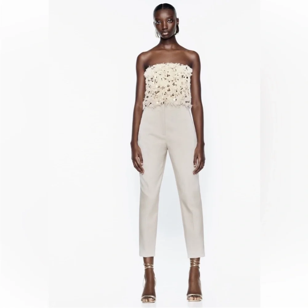 Zara Cream High-Waist Tapered Pants